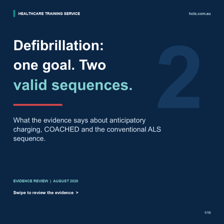 HCTS education graphic: Defibrillation - one goal, two valid sequences.